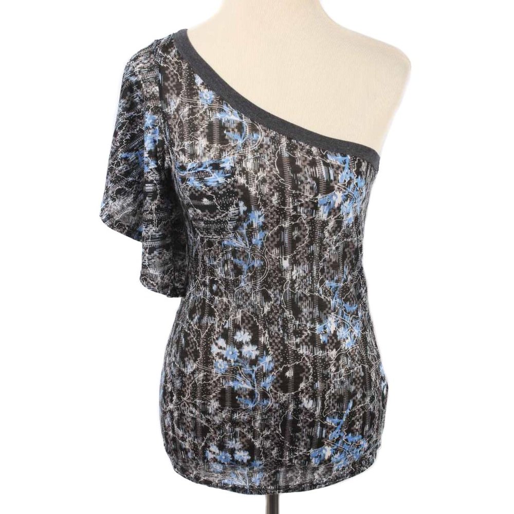 FREE PEOPLE Gray Abstract Floral Pattern 1 Shoulder Flutter Sleeve Top Size S
